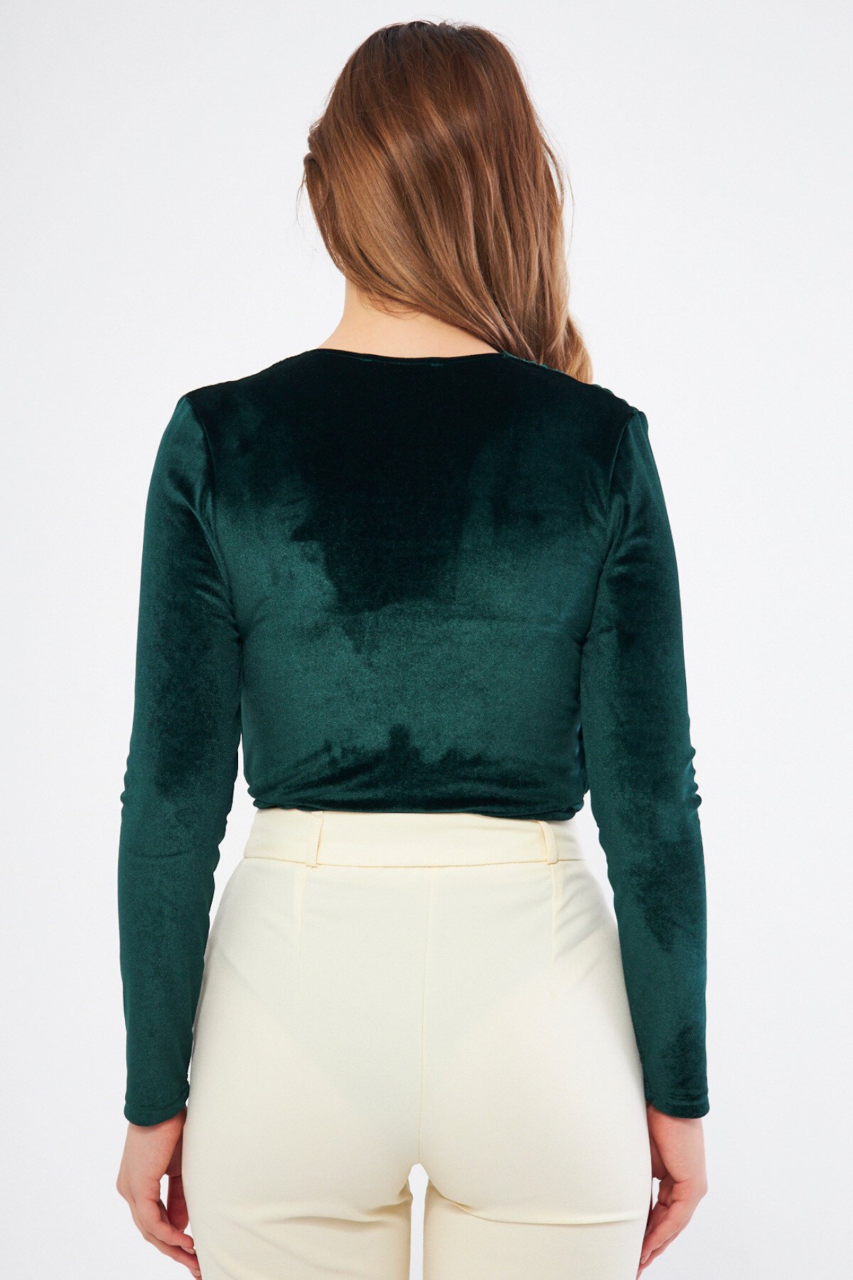 Long Sleeve Velvet Ruched Snap-Button Detail Bodysuit - Emerald - Bidoluelbise