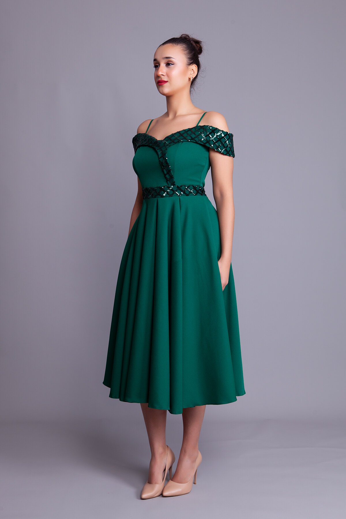 Midi Strappy Flared Checkered Off-Shoulder Sequin Detail Evening Dress - Emerald - Bidoluelbise