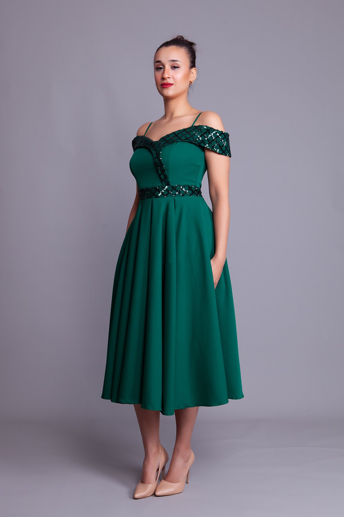 Midi Strappy Flared Checkered Off-Shoulder Sequin Detail Evening Dress - Emerald - Bidoluelbise