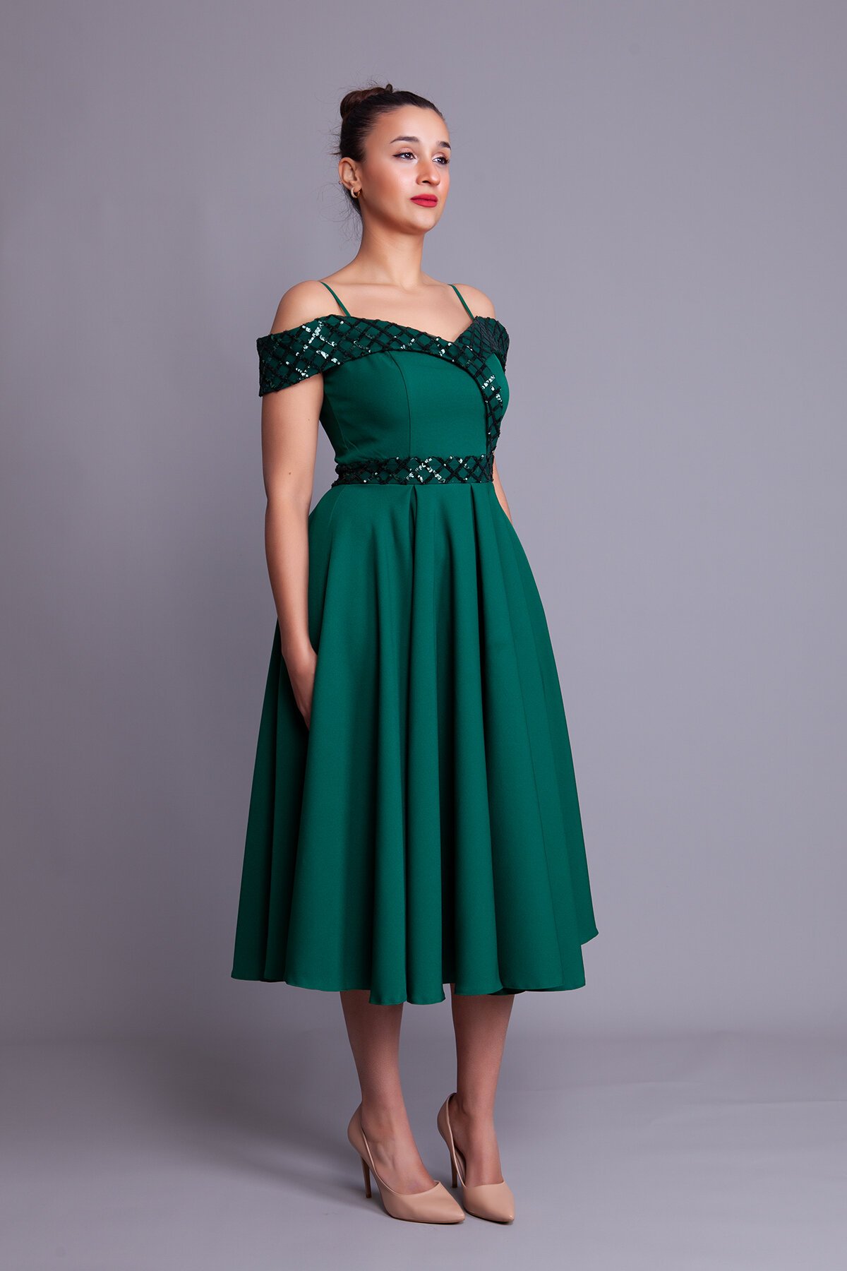 Midi Strappy Flared Checkered Off-Shoulder Sequin Detail Evening Dress - Emerald - Bidoluelbise