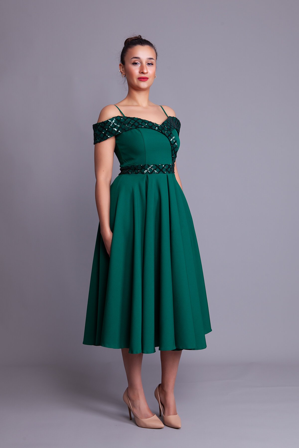 Midi Strappy Flared Checkered Off-Shoulder Sequin Detail Evening Dress - Emerald - Bidoluelbise