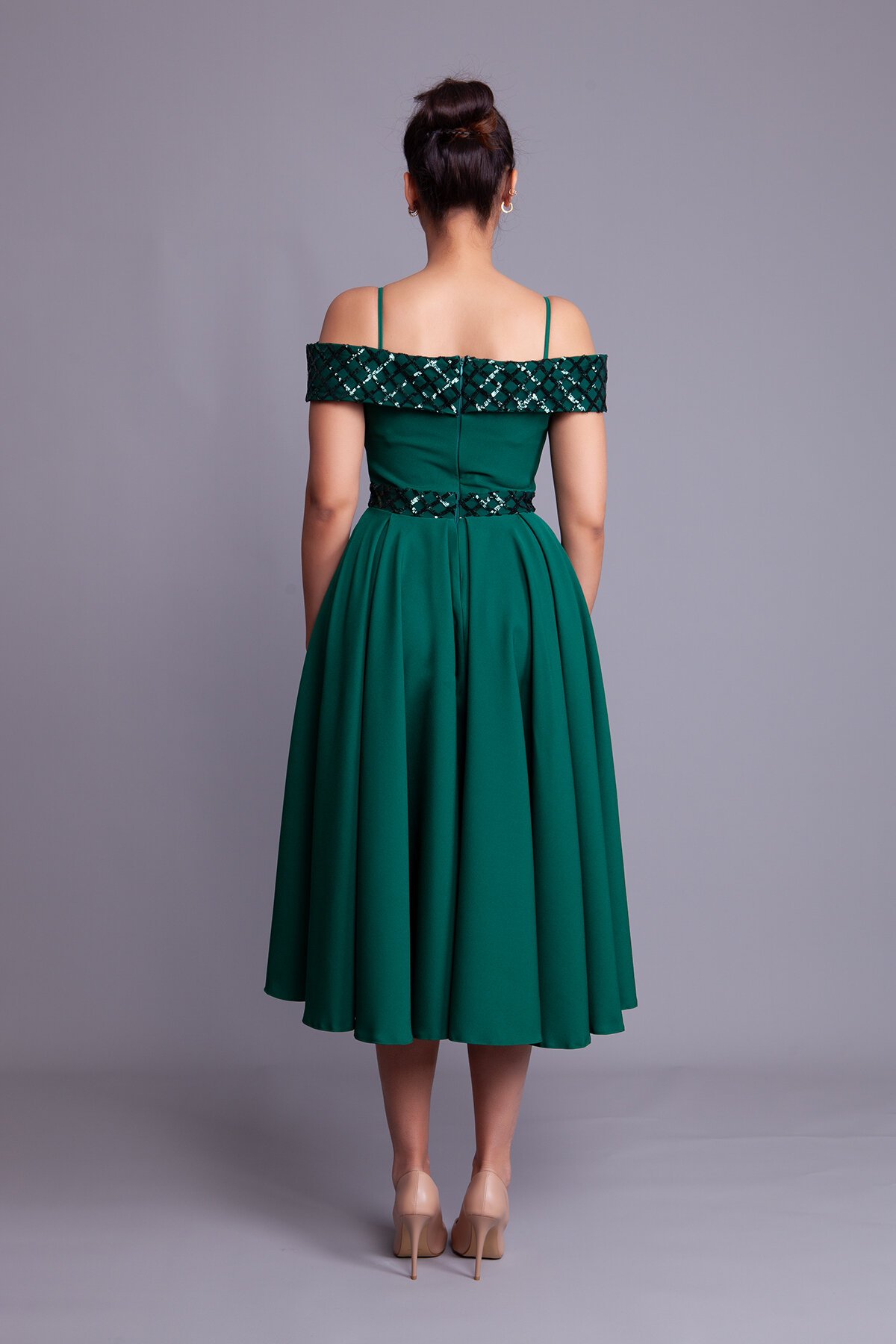 Midi Strappy Flared Checkered Off-Shoulder Sequin Detail Evening Dress - Emerald - Bidoluelbise