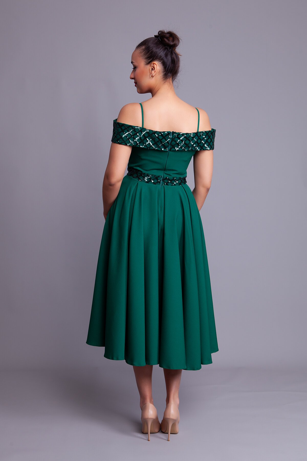 Midi Strappy Flared Checkered Off-Shoulder Sequin Detail Evening Dress - Emerald - Bidoluelbise