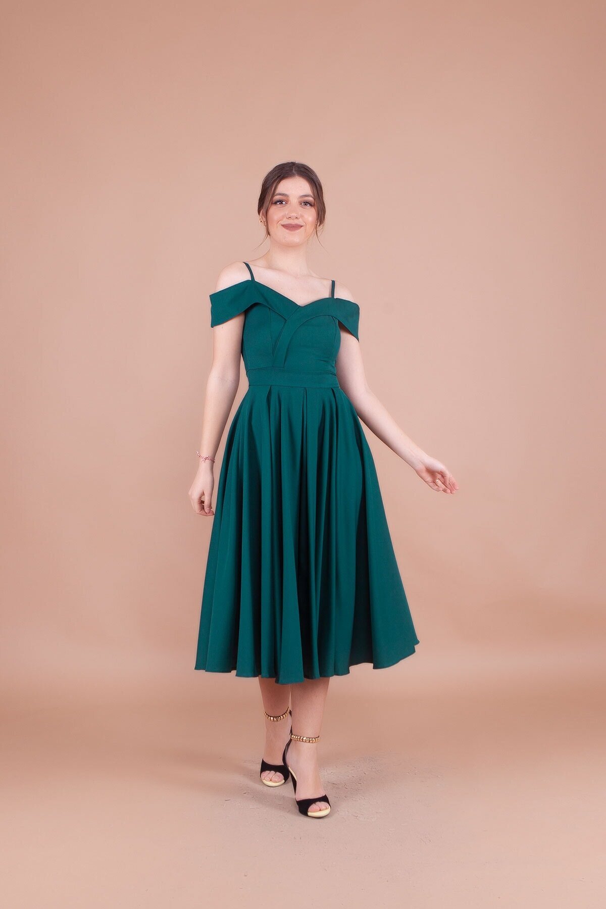 Midi Strappy Pleated Off-Shoulder Detail Evening Dress - Emerald - Bidoluelbise