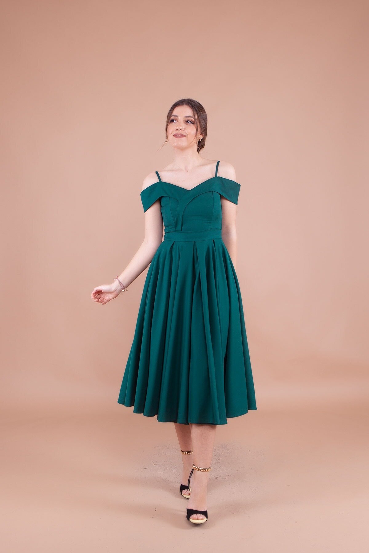 Midi Strappy Pleated Off-Shoulder Detail Evening Dress - Emerald - Bidoluelbise