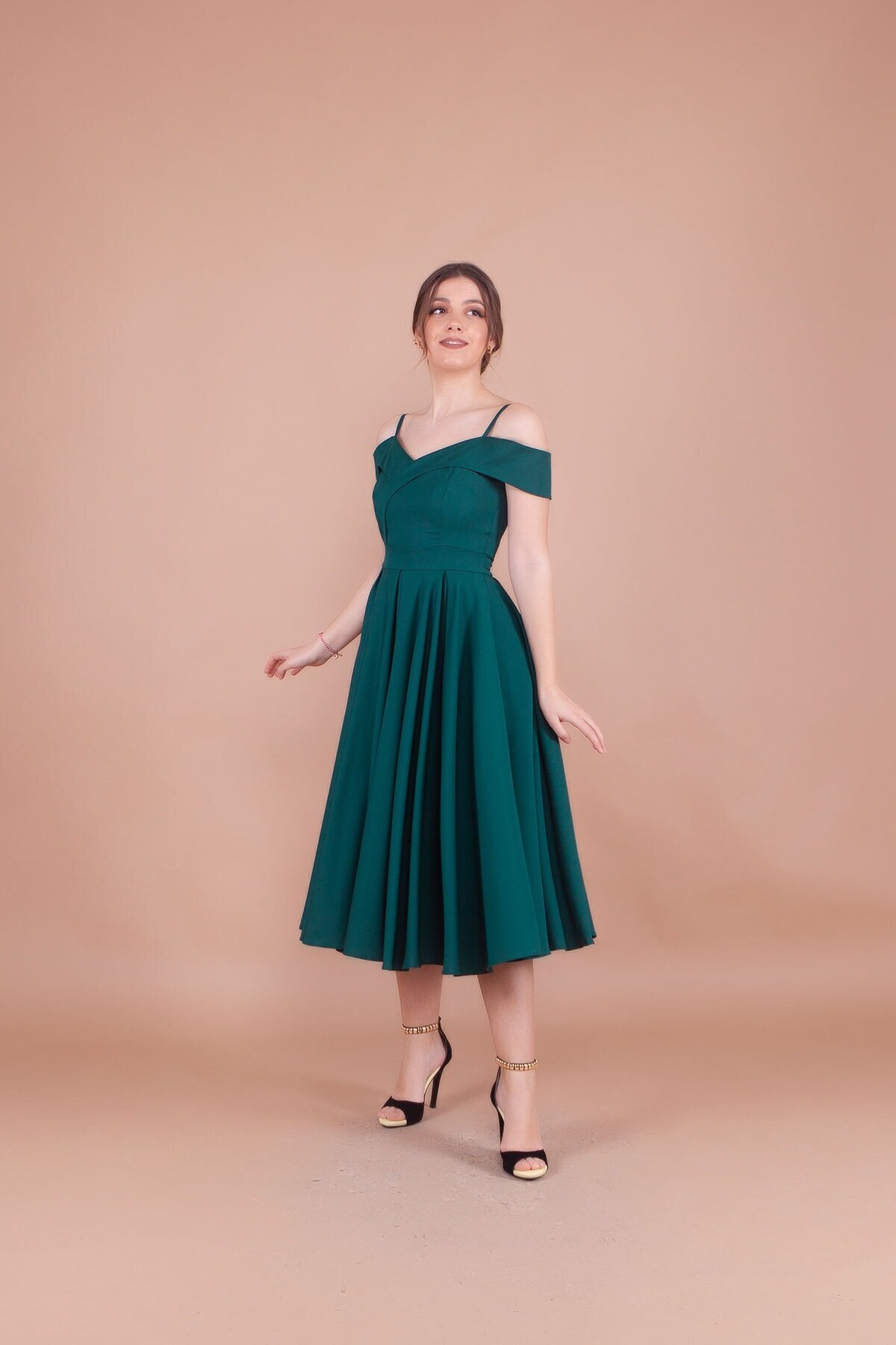 Midi Strappy Pleated Off-Shoulder Detail Evening Dress - Emerald - Bidoluelbise