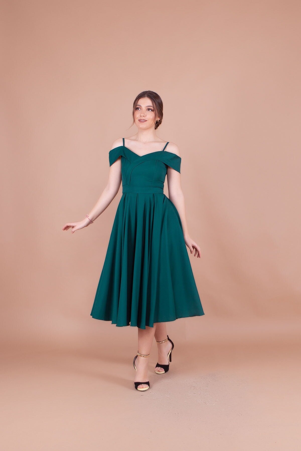 Midi Strappy Pleated Off-Shoulder Detail Evening Dress - Emerald - Bidoluelbise