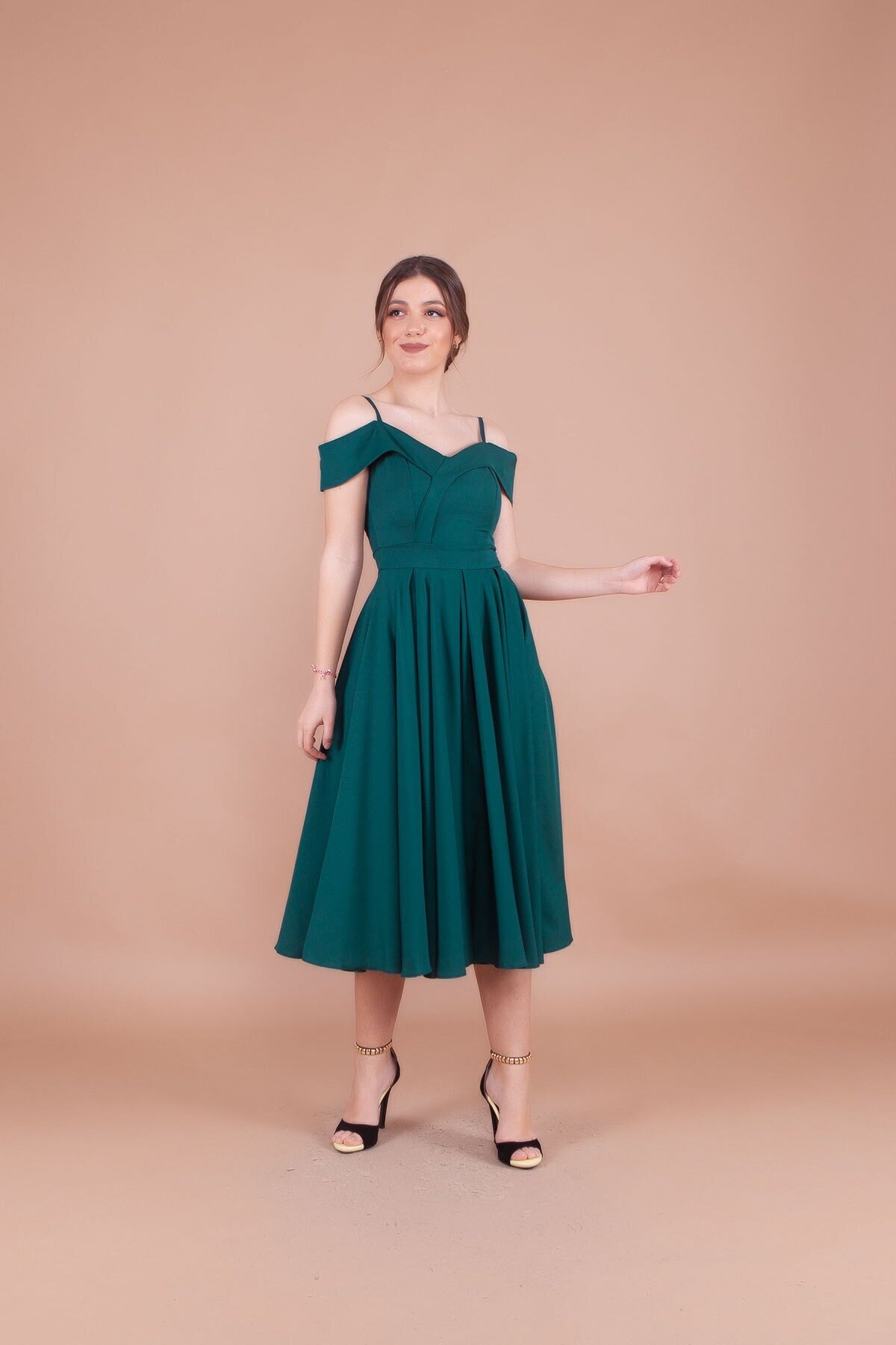 Midi Strappy Pleated Off-Shoulder Detail Evening Dress - Emerald - Bidoluelbise