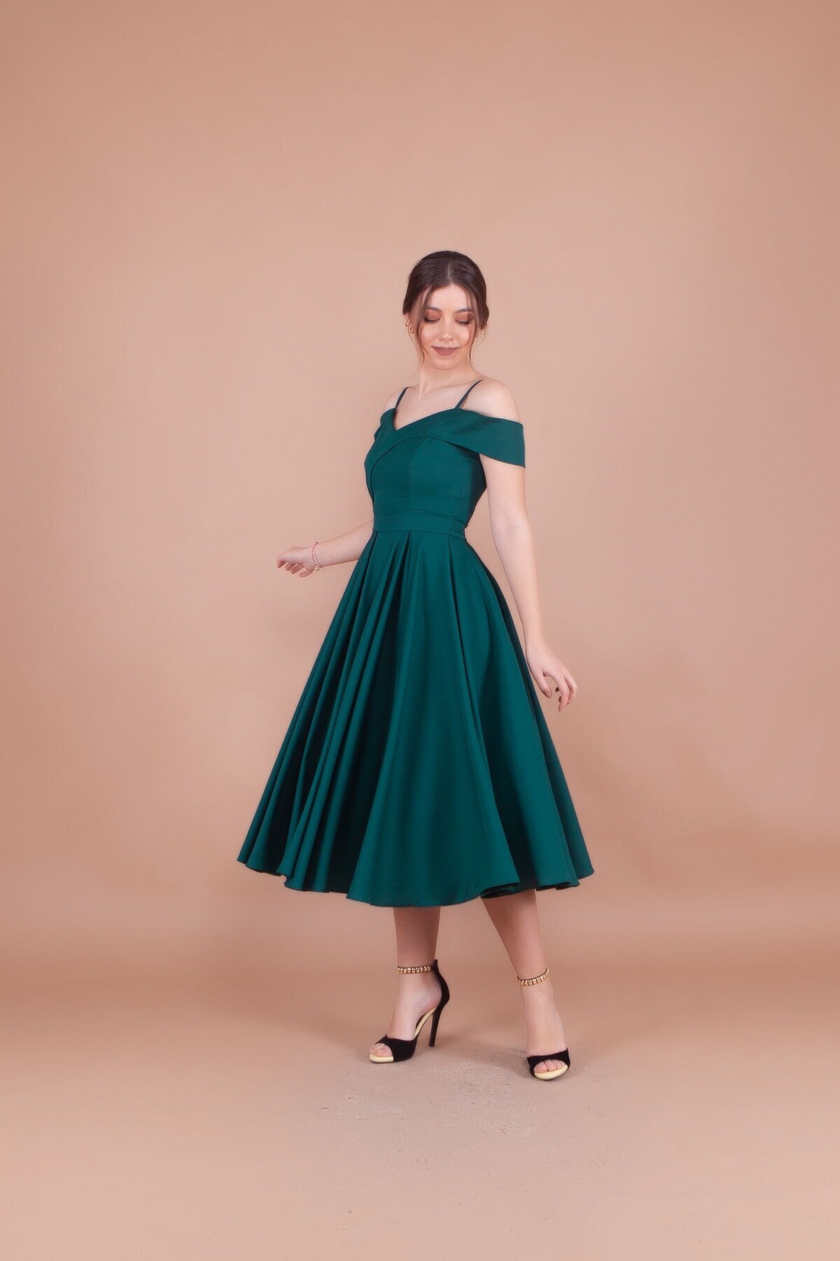 Midi Strappy Pleated Off-Shoulder Detail Evening Dress - Emerald - Bidoluelbise