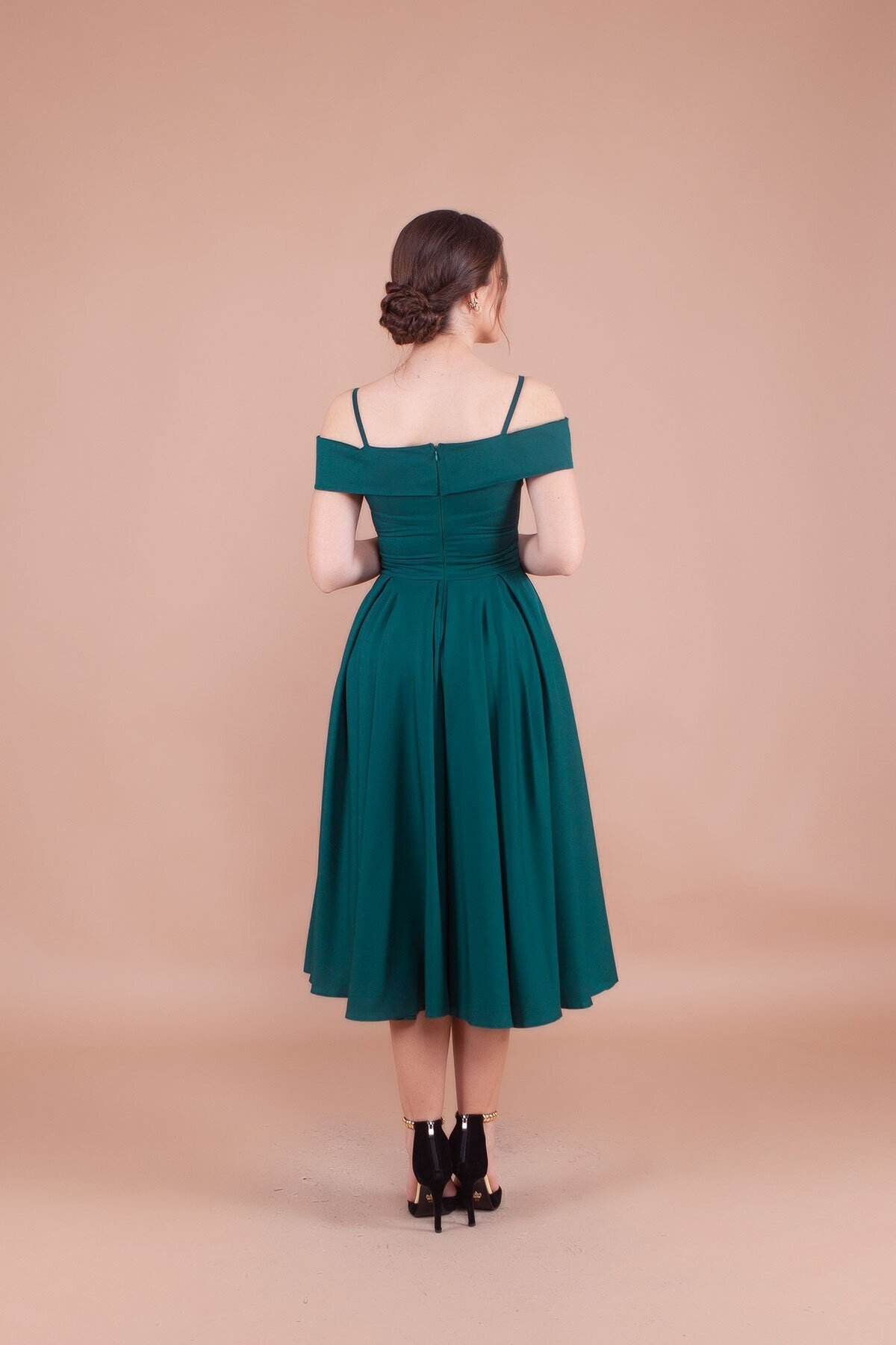 Midi Strappy Pleated Off-Shoulder Detail Evening Dress - Emerald - Bidoluelbise