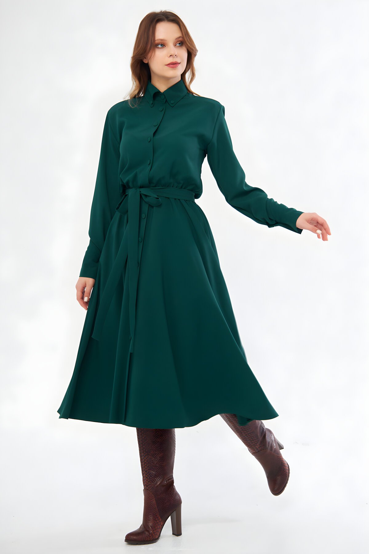 Zümrüt Midi Uzun Kol Kuşaklı Beli Lastikli Cepli Gömlek Elbise - Bidoluelbise