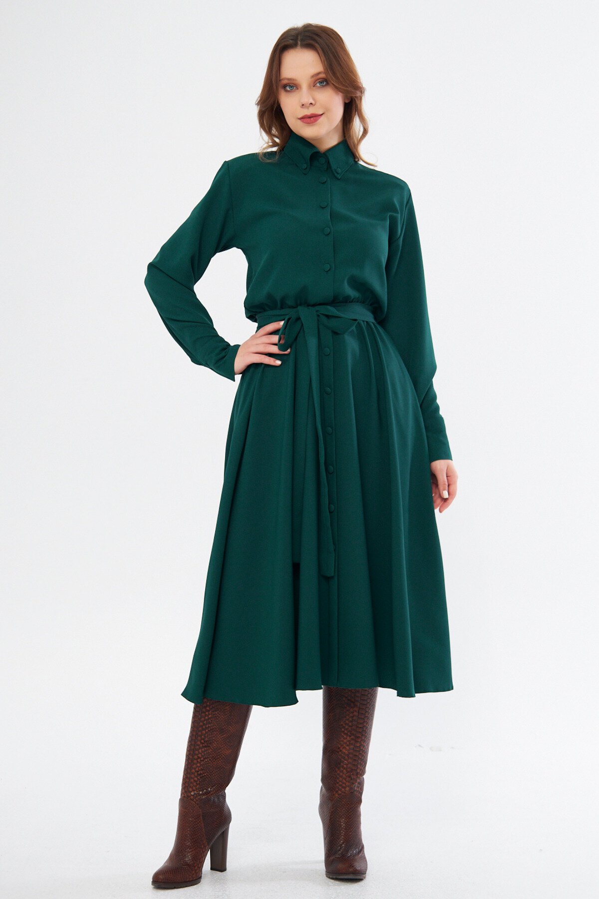 Midi Long-Sleeve Belted Elastic-Waist Pocketed Shirt Dress - Emerald - Bidoluelbise