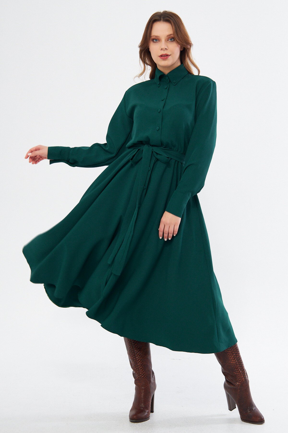 Midi Long-Sleeve Belted Elastic-Waist Pocketed Shirt Dress - Emerald - Bidoluelbise