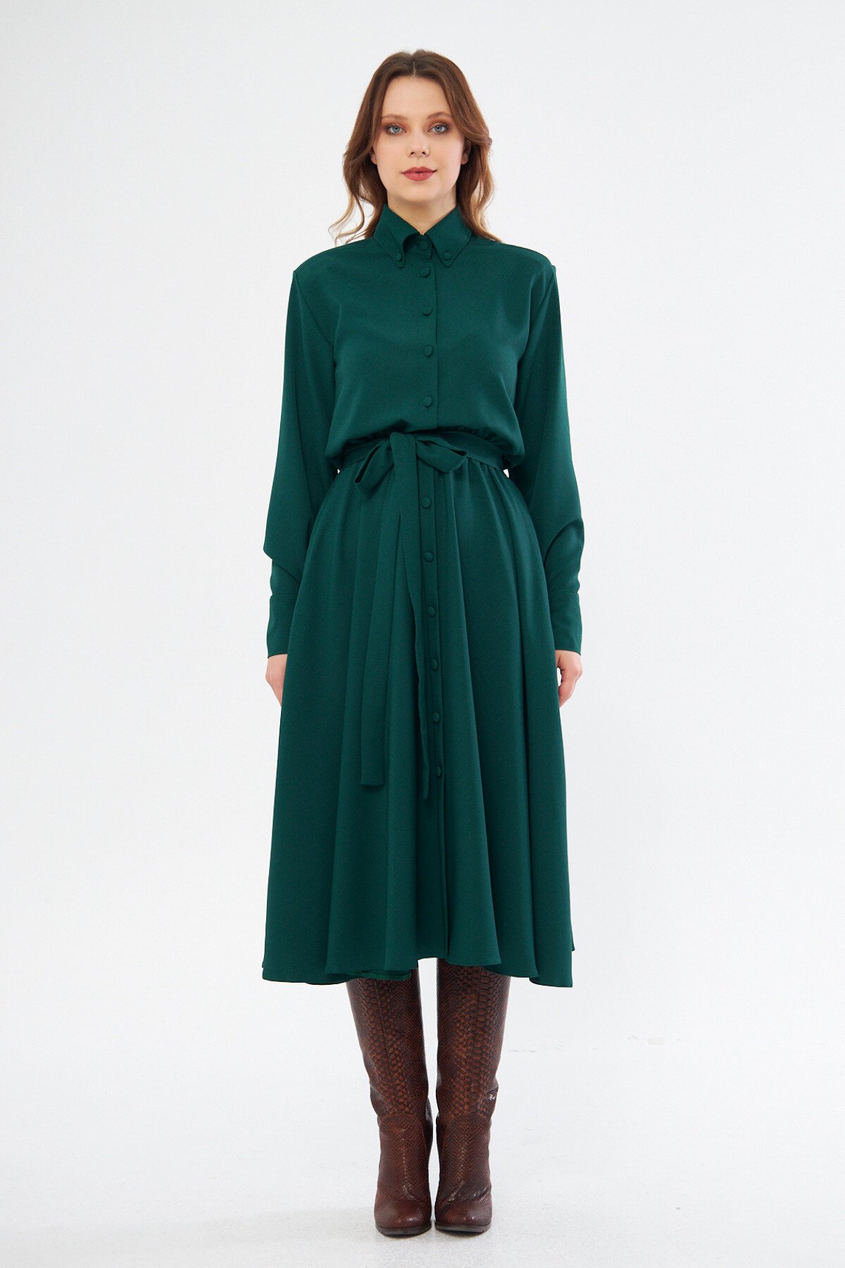 Midi Long-Sleeve Belted Elastic-Waist Pocketed Shirt Dress - Emerald - Bidoluelbise