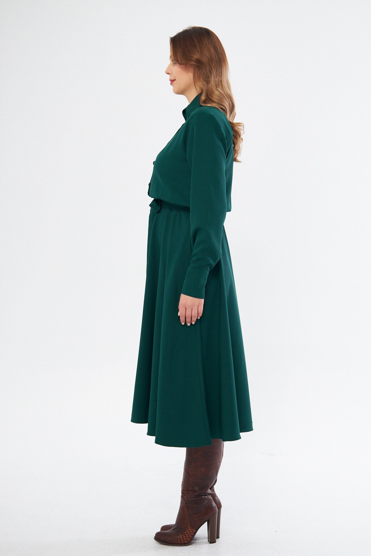 Midi Long-Sleeve Belted Elastic-Waist Pocketed Shirt Dress - Emerald - Bidoluelbise