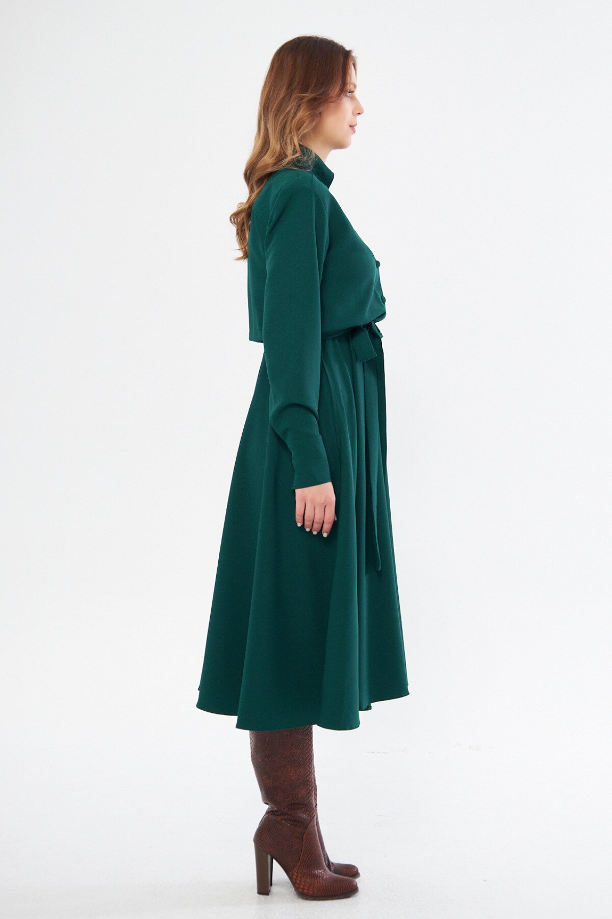 Midi Long-Sleeve Belted Elastic-Waist Pocketed Shirt Dress - Emerald - Bidoluelbise
