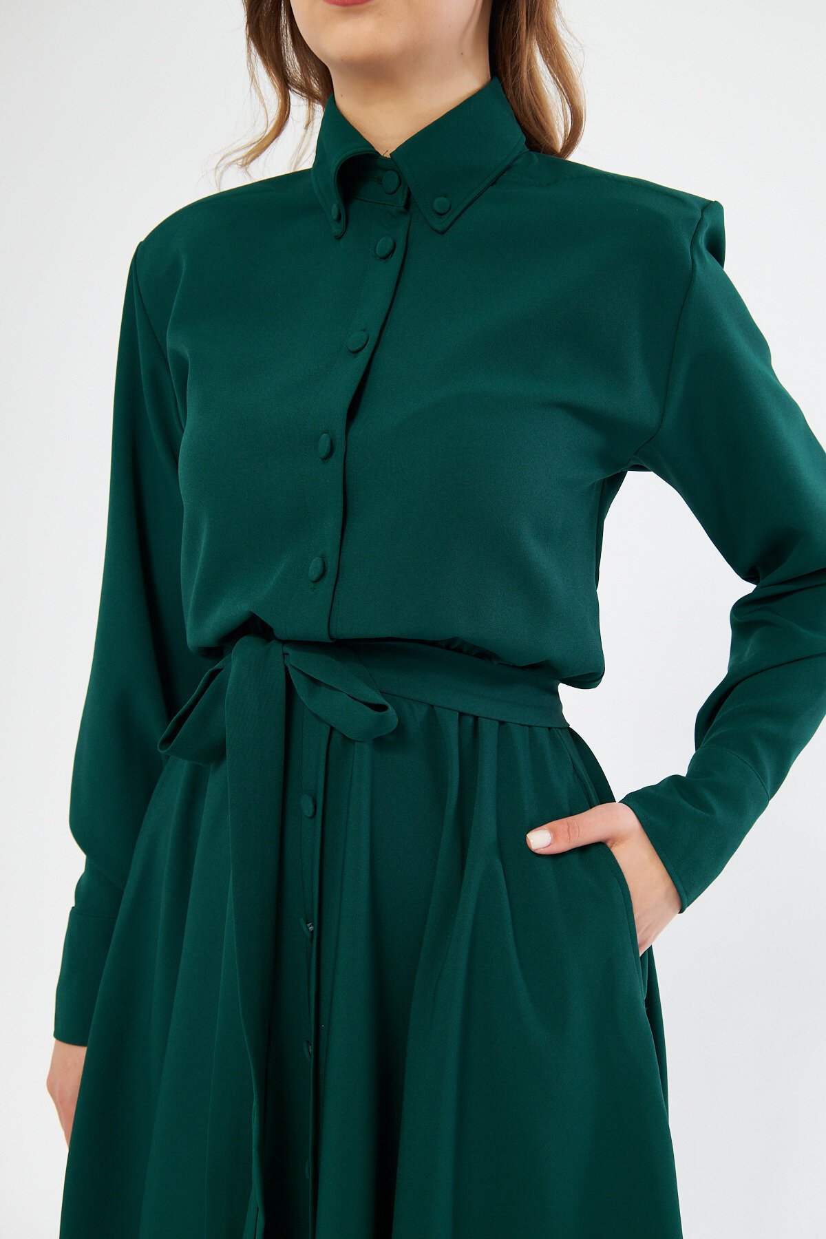 Midi Long-Sleeve Belted Elastic-Waist Pocketed Shirt Dress - Emerald - Bidoluelbise