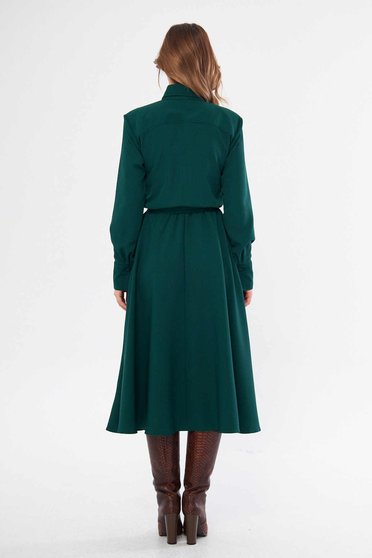 Midi Long-Sleeve Belted Elastic-Waist Pocketed Shirt Dress - Emerald - Bidoluelbise