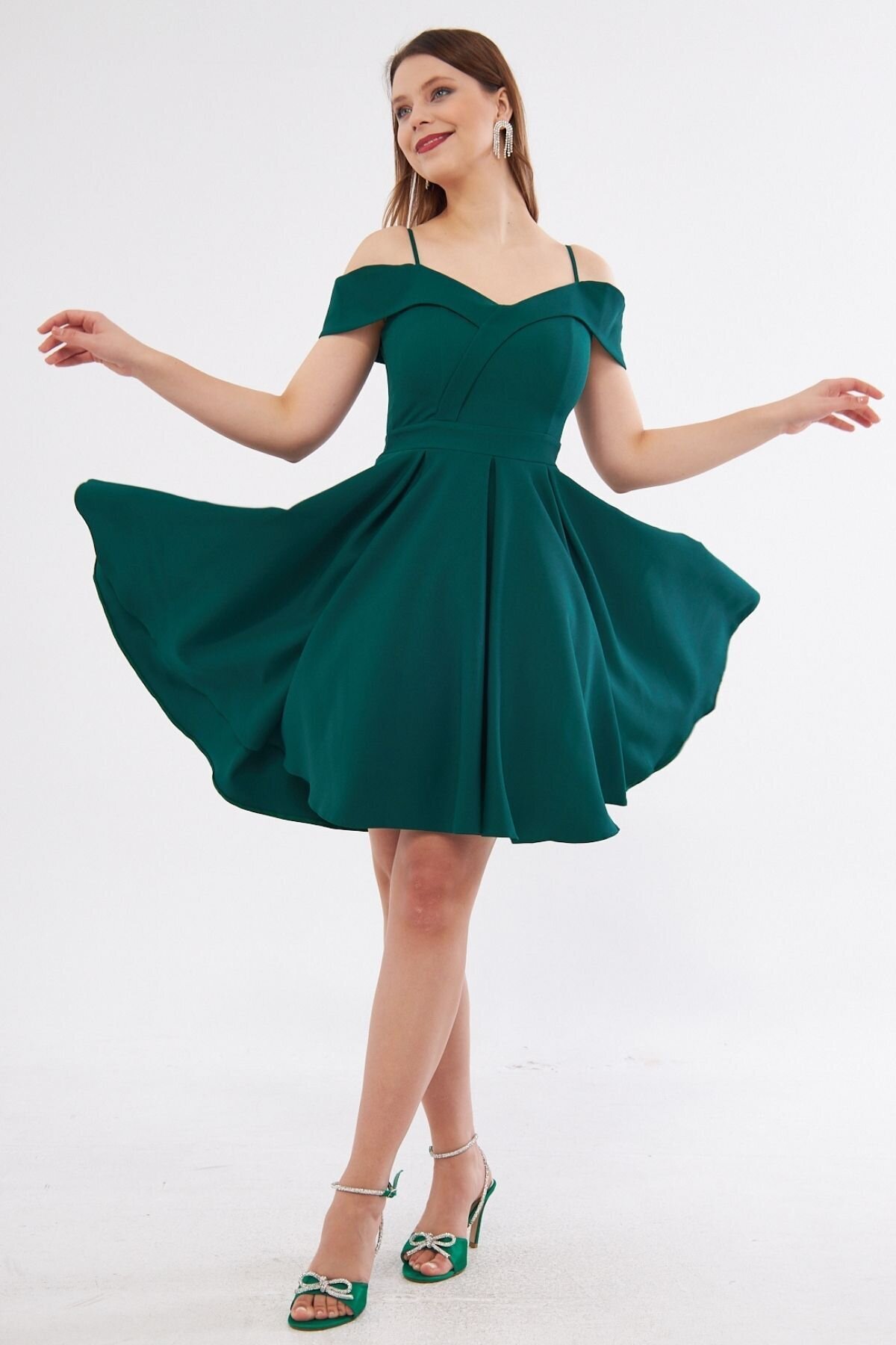 Mini Flared Pleated Strappy Boat Neck Evening Dress - Emerald - Bidoluelbise