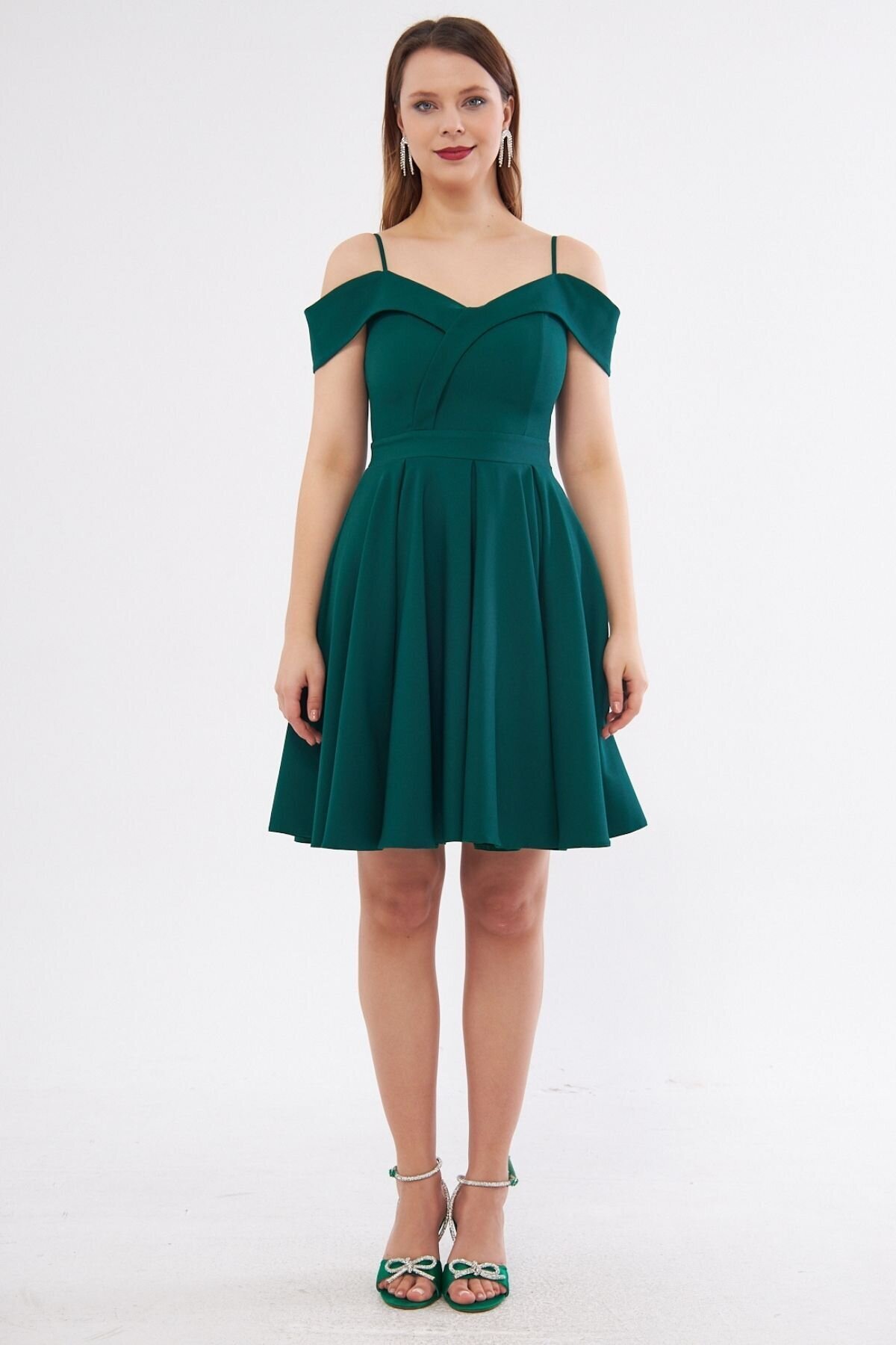 Mini Flared Pleated Strappy Boat Neck Evening Dress - Emerald - Bidoluelbise