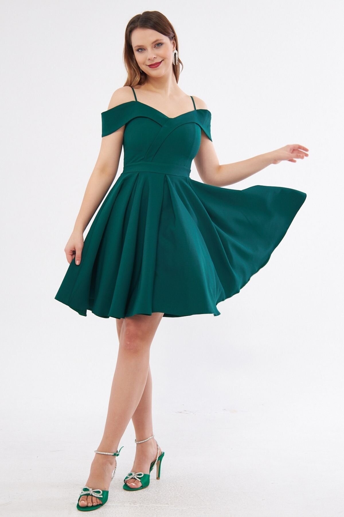 Mini Flared Pleated Strappy Boat Neck Evening Dress - Emerald - Bidoluelbise