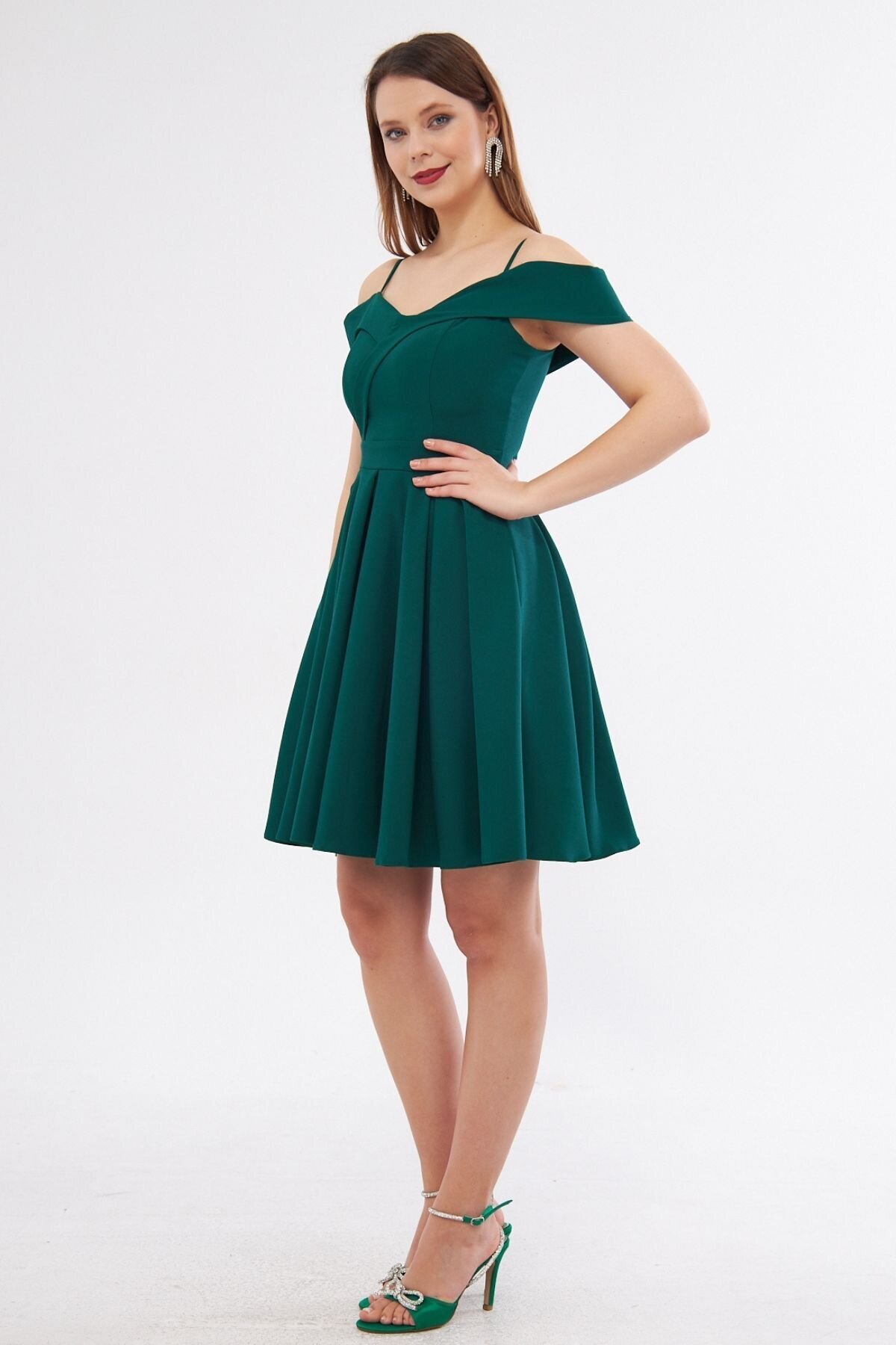 Mini Flared Pleated Strappy Boat Neck Evening Dress - Emerald - Bidoluelbise