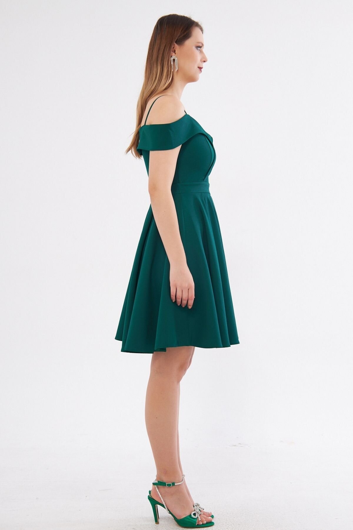 Mini Flared Pleated Strappy Boat Neck Evening Dress - Emerald - Bidoluelbise