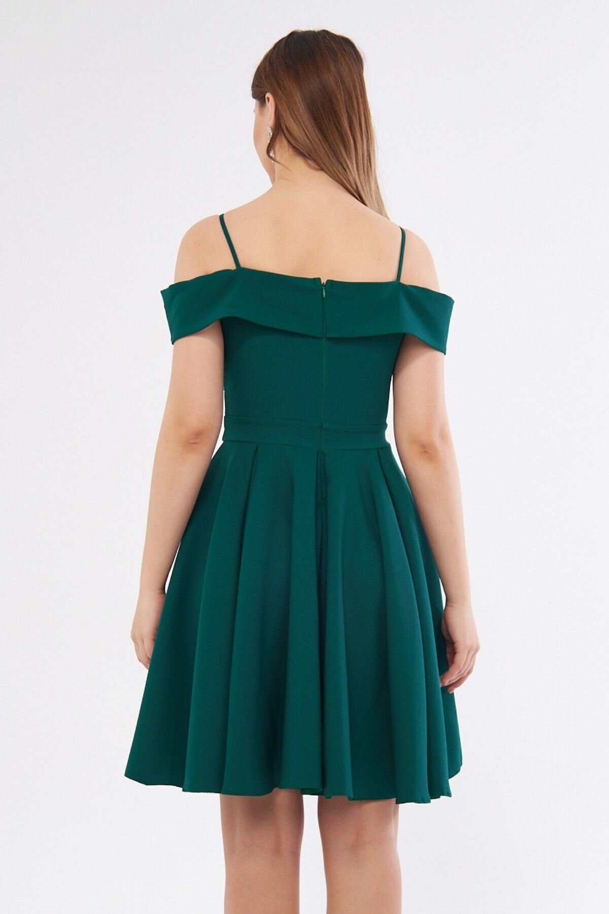 Mini Flared Pleated Strappy Boat Neck Evening Dress - Emerald - Bidoluelbise