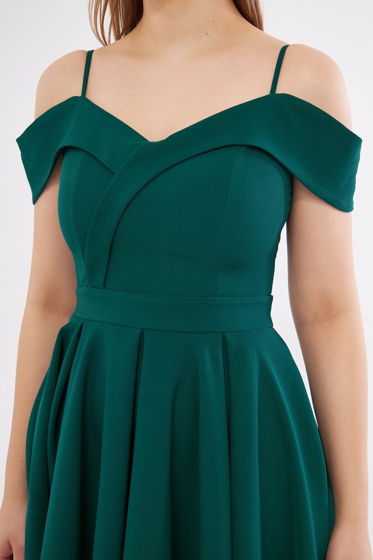 Mini Flared Pleated Strappy Boat Neck Evening Dress - Emerald - Bidoluelbise