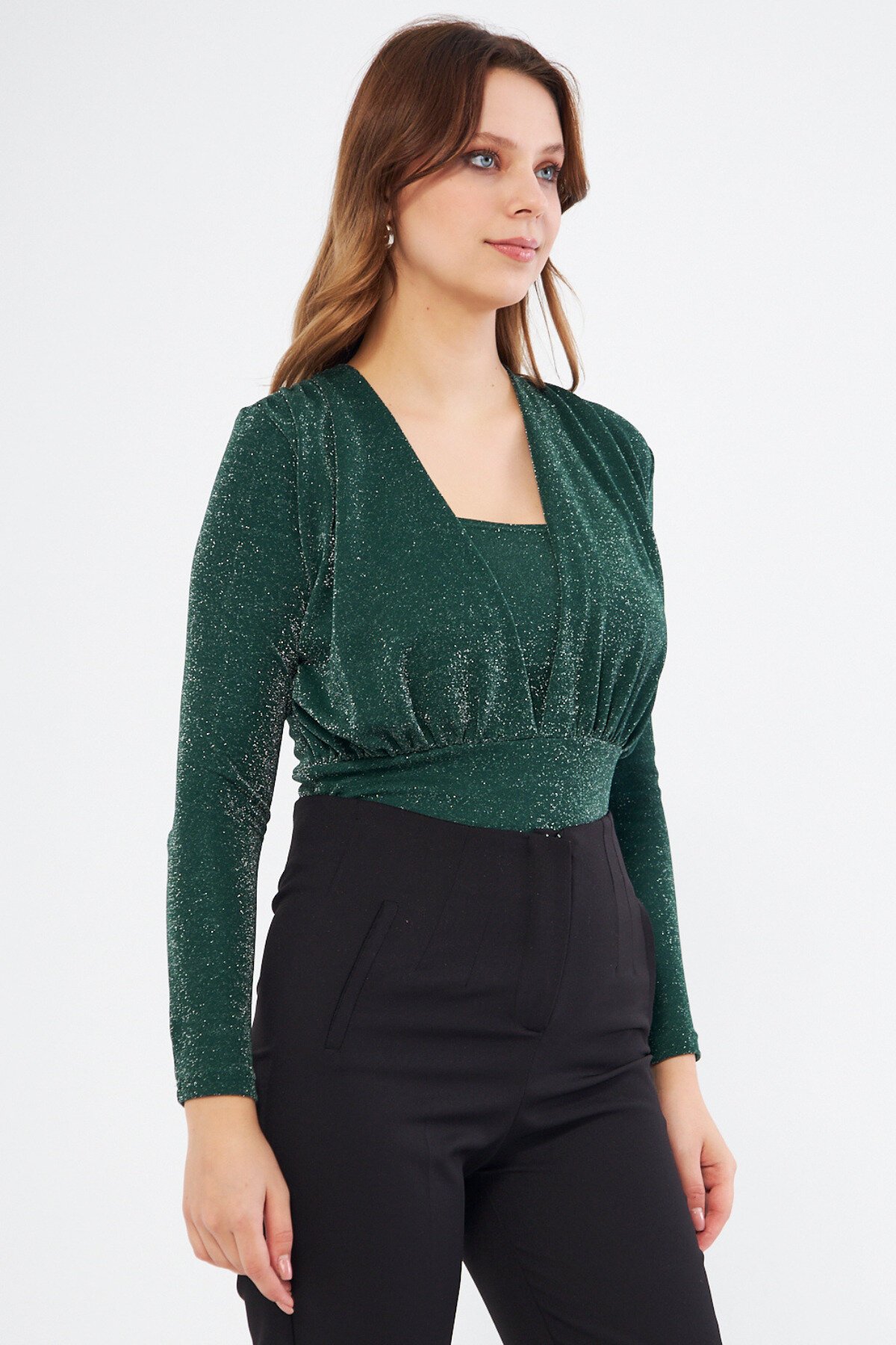 Long Sleeve Shimmer Knit Ruched Snap Bodysuit - Emerald - Bidoluelbise
