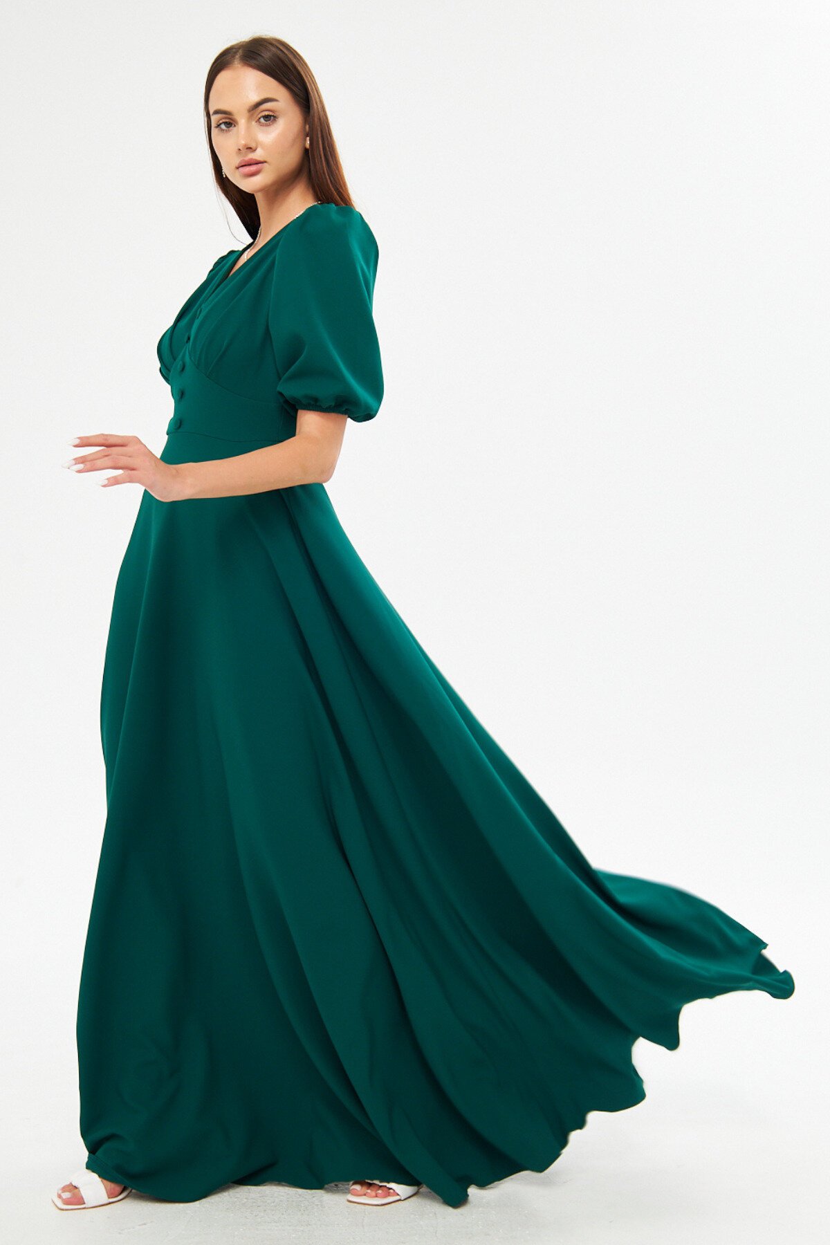 Long V-Neck Balloon Sleeve Corset Belt Detail Evening Dress - Emerald - Bidoluelbise
