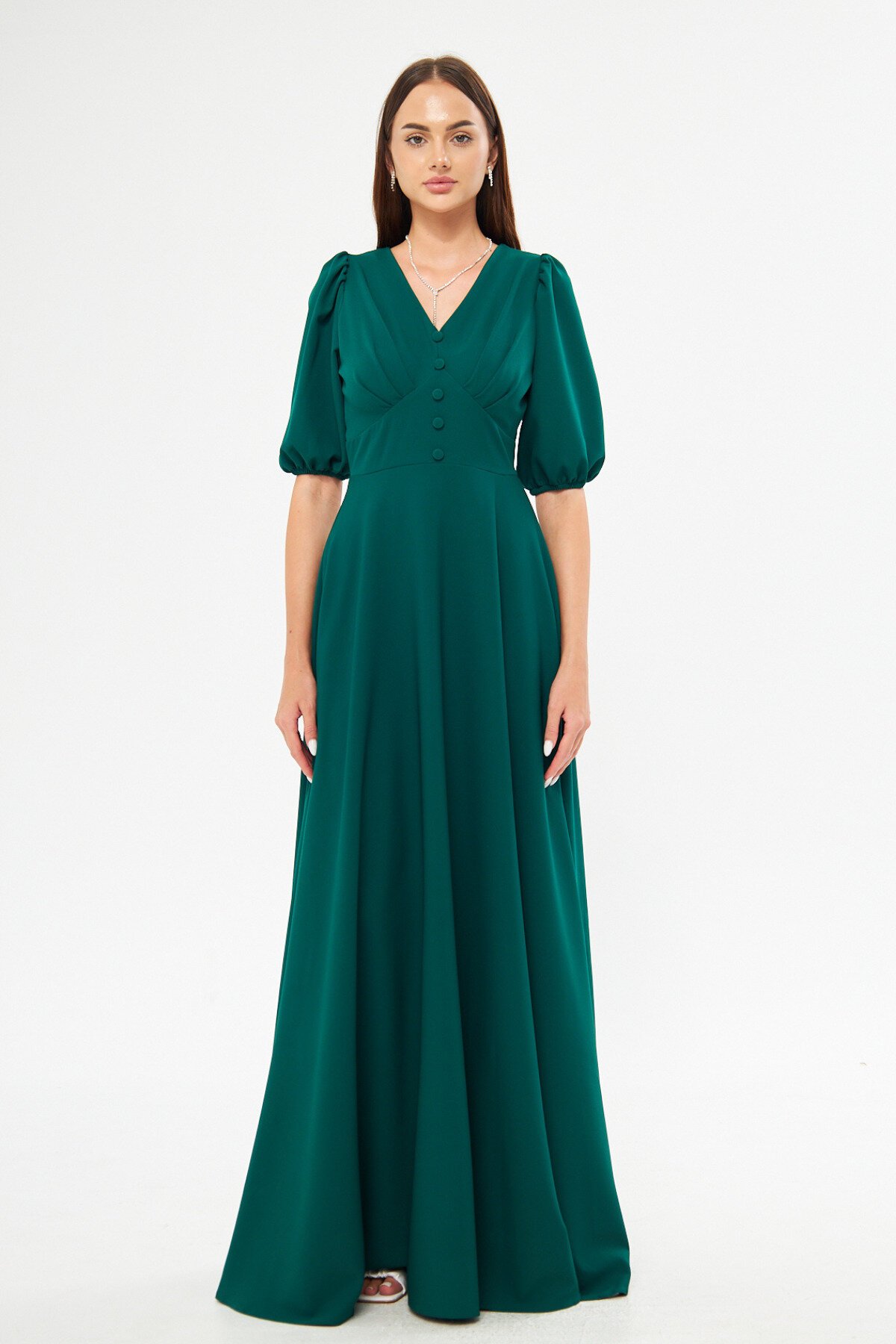 Long V-Neck Balloon Sleeve Corset Belt Detail Evening Dress - Emerald - Bidoluelbise