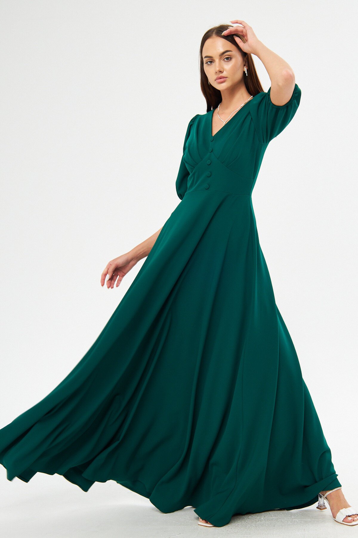 Long V-Neck Balloon Sleeve Corset Belt Detail Evening Dress - Emerald - Bidoluelbise