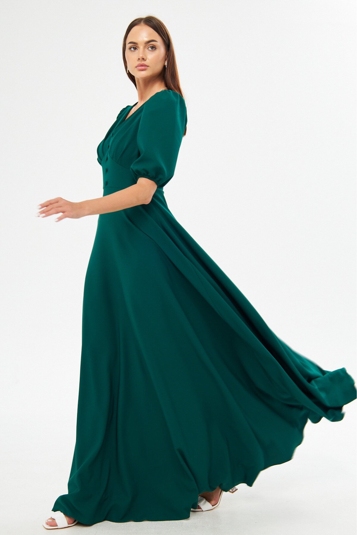 Long V-Neck Balloon Sleeve Corset Belt Detail Evening Dress - Emerald - Bidoluelbise