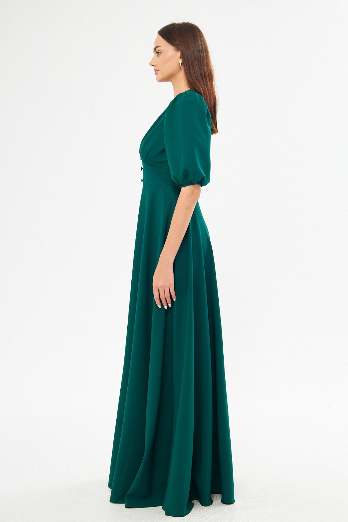 Long V-Neck Balloon Sleeve Corset Belt Detail Evening Dress - Emerald - Bidoluelbise