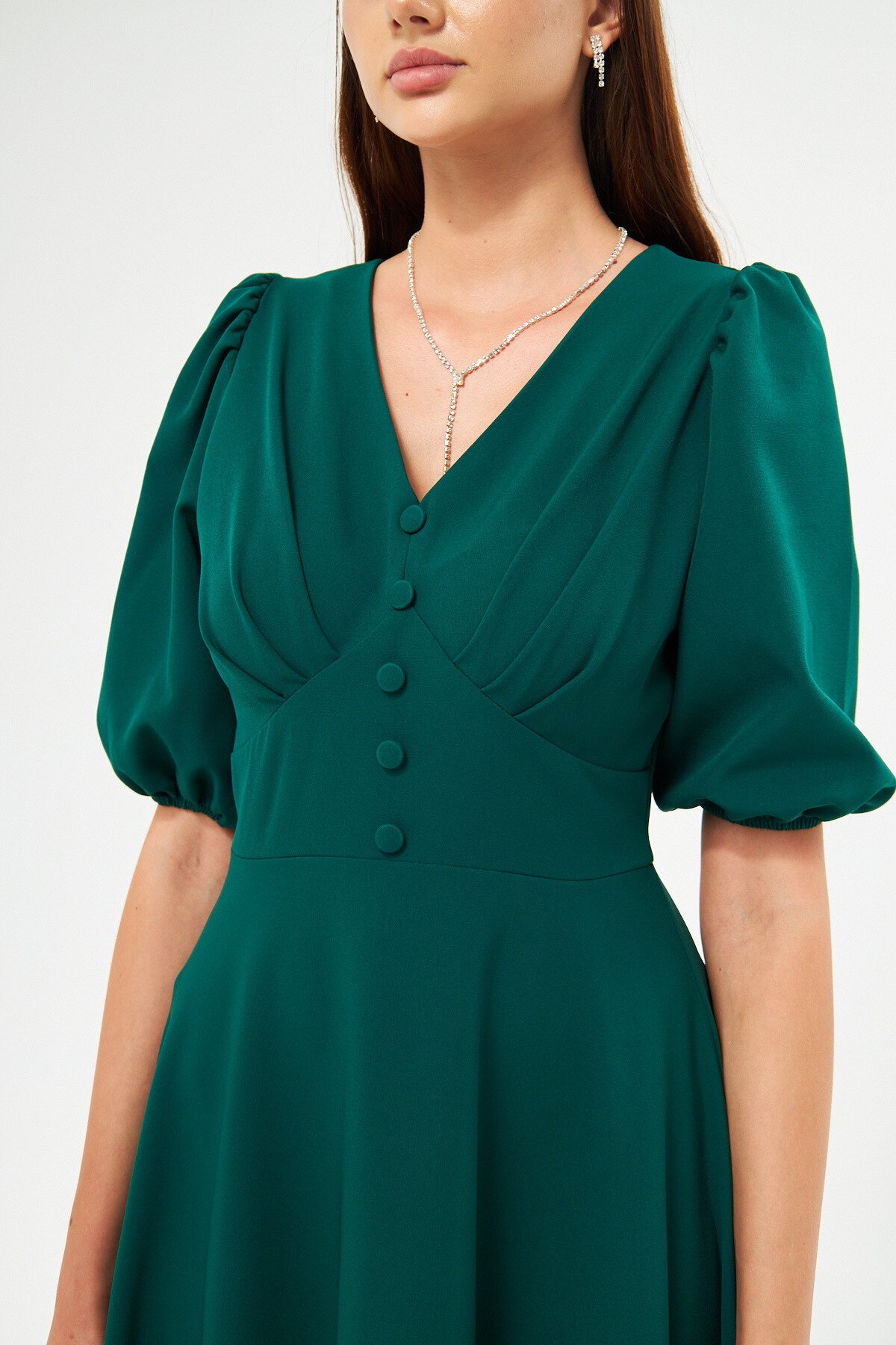 Long V-Neck Balloon Sleeve Corset Belt Detail Evening Dress - Emerald - Bidoluelbise