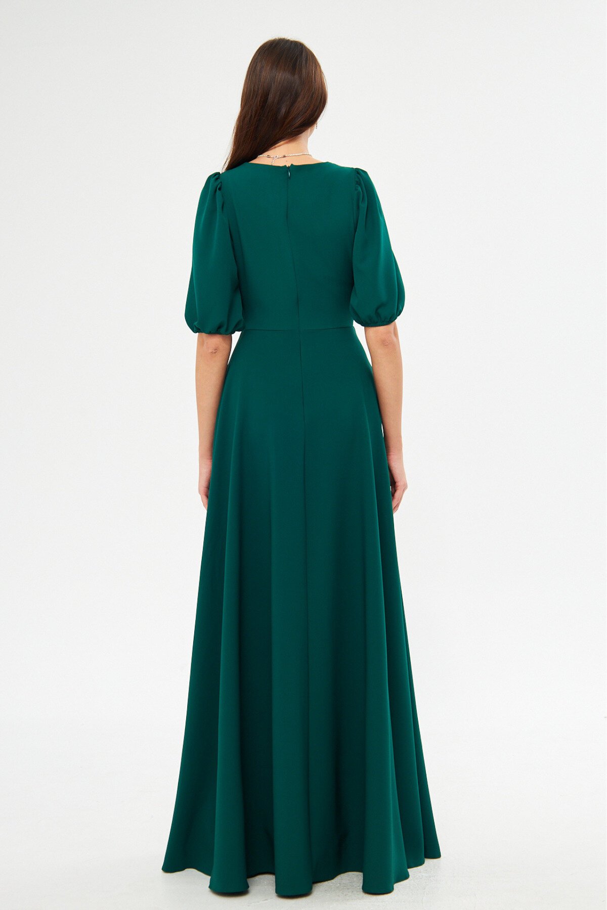 Long V-Neck Balloon Sleeve Corset Belt Detail Evening Dress - Emerald - Bidoluelbise