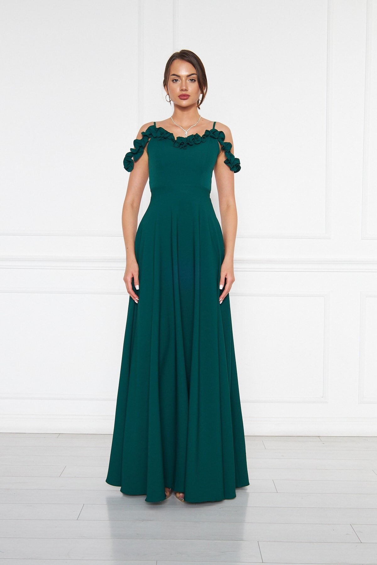 Long Flared Strapless Adjustable Strapped Ruffle-Detail Evening Dress - Emerald - Bidoluelbise