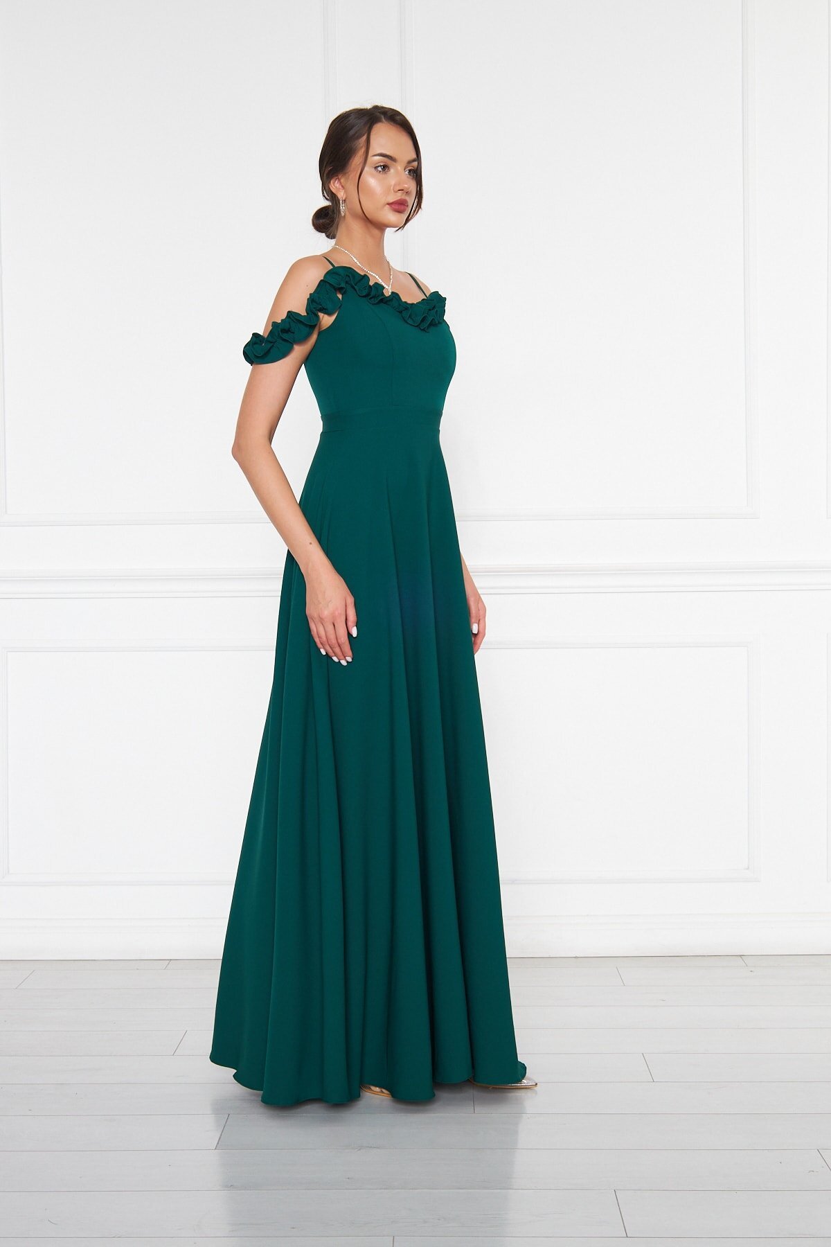 Long Flared Strapless Adjustable Strapped Ruffle-Detail Evening Dress - Emerald - Bidoluelbise