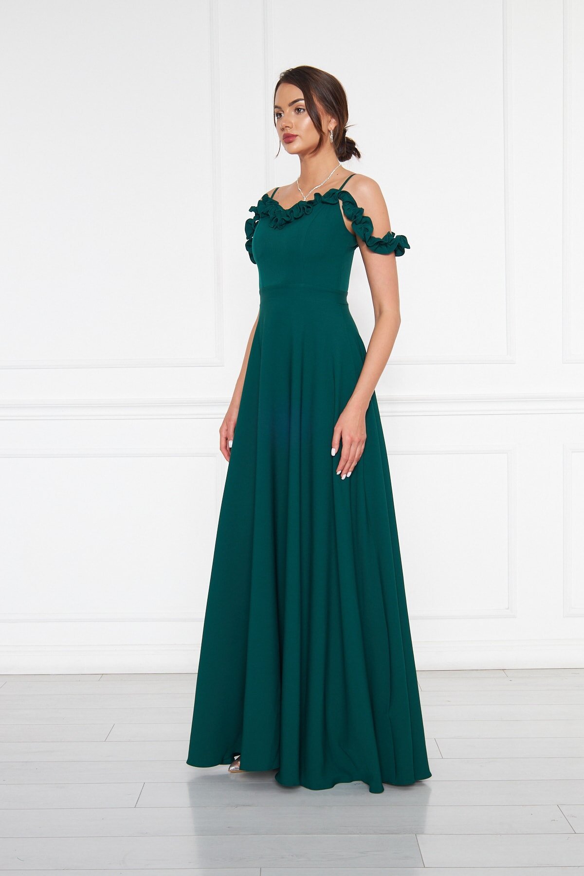 Long Flared Strapless Adjustable Strapped Ruffle-Detail Evening Dress - Emerald - Bidoluelbise