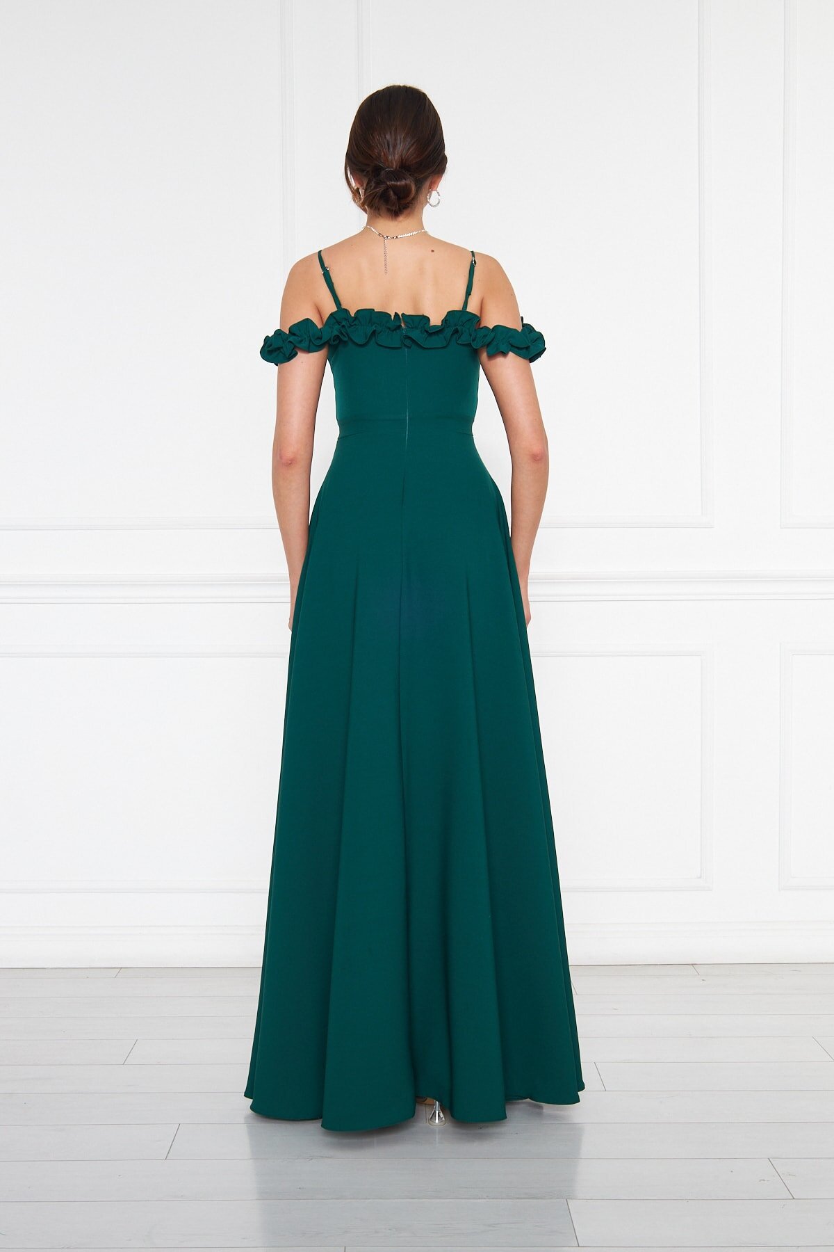 Long Flared Strapless Adjustable Strapped Ruffle-Detail Evening Dress - Emerald - Bidoluelbise