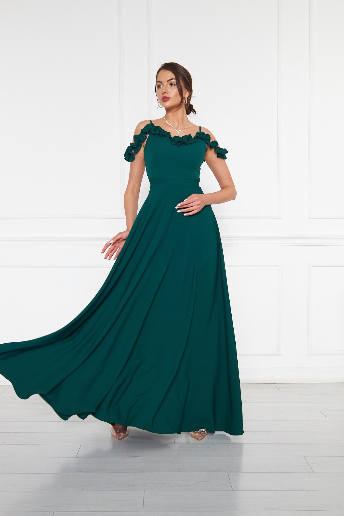 Long Flared Strapless Adjustable Strapped Ruffle-Detail Evening Dress - Emerald - Bidoluelbise