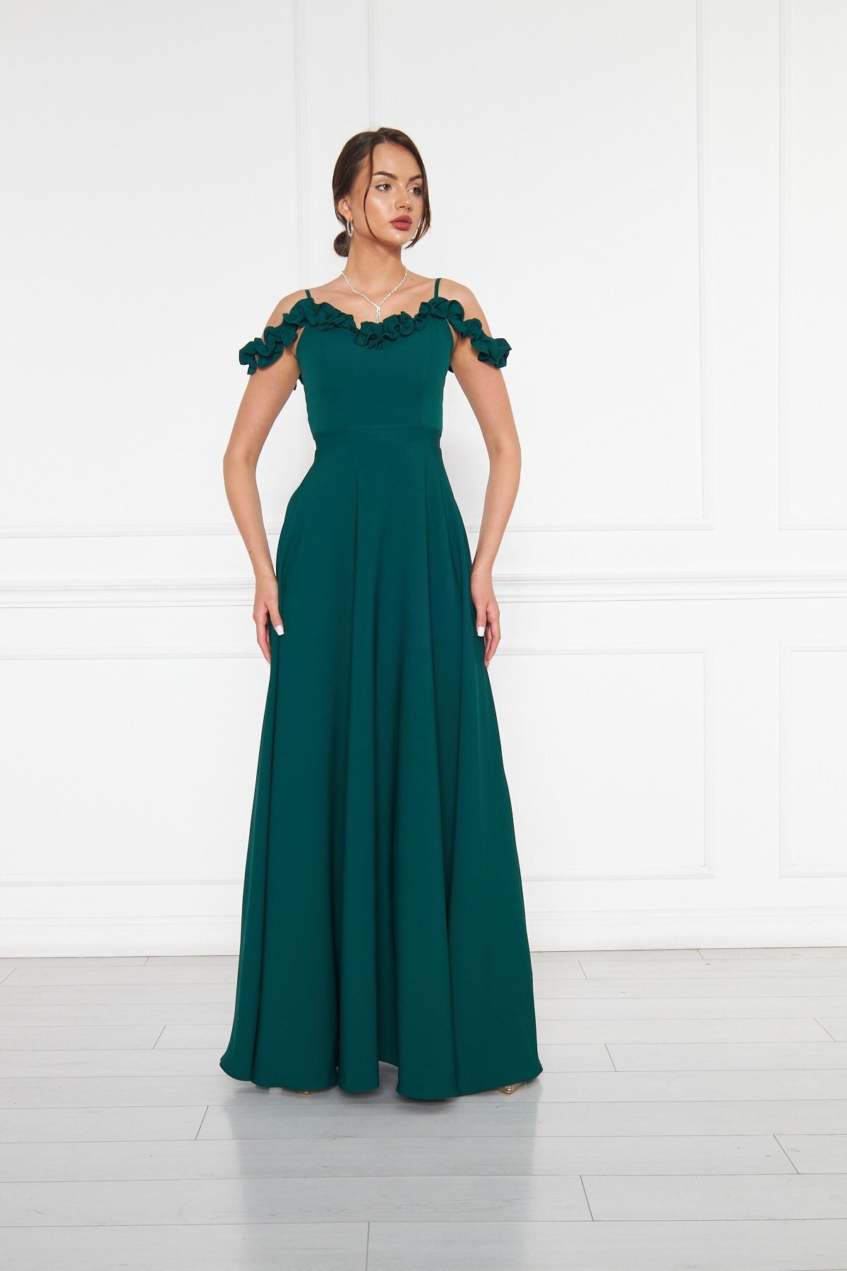 Long Flared Strapless Adjustable Strapped Ruffle-Detail Evening Dress - Emerald - Bidoluelbise