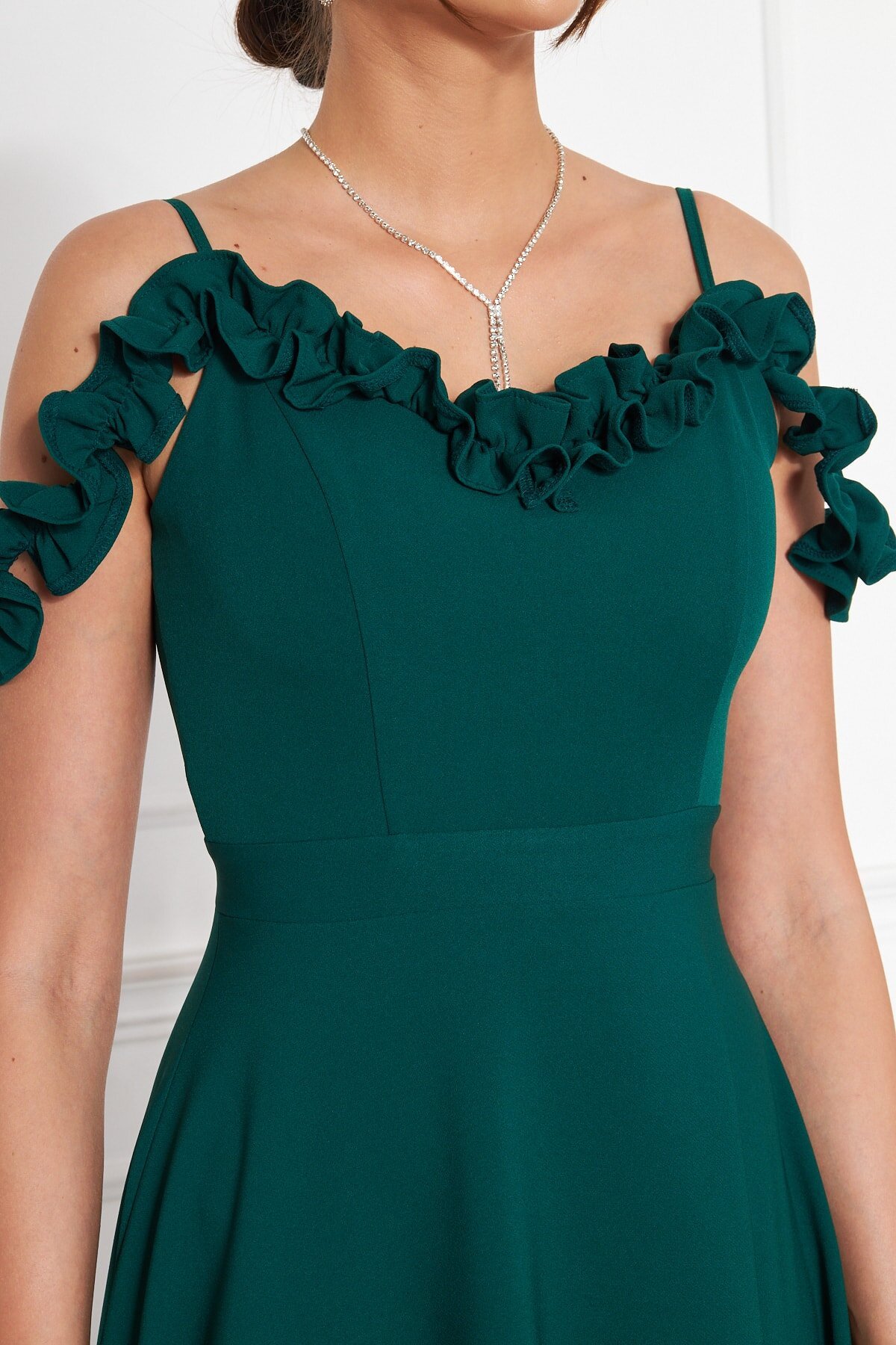 Long Flared Strapless Adjustable Strapped Ruffle-Detail Evening Dress - Emerald - Bidoluelbise
