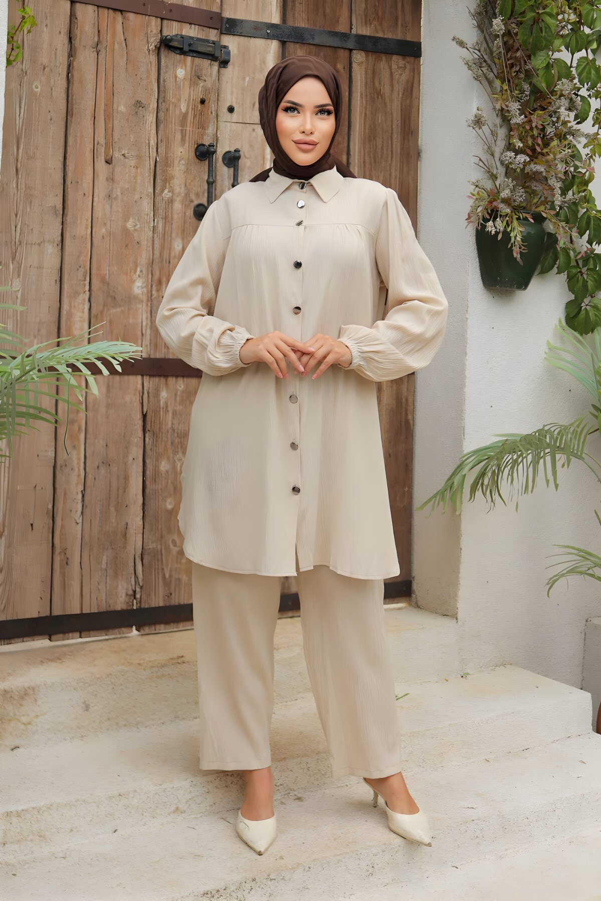 Bej İkili Büzgü Detaylı Takım