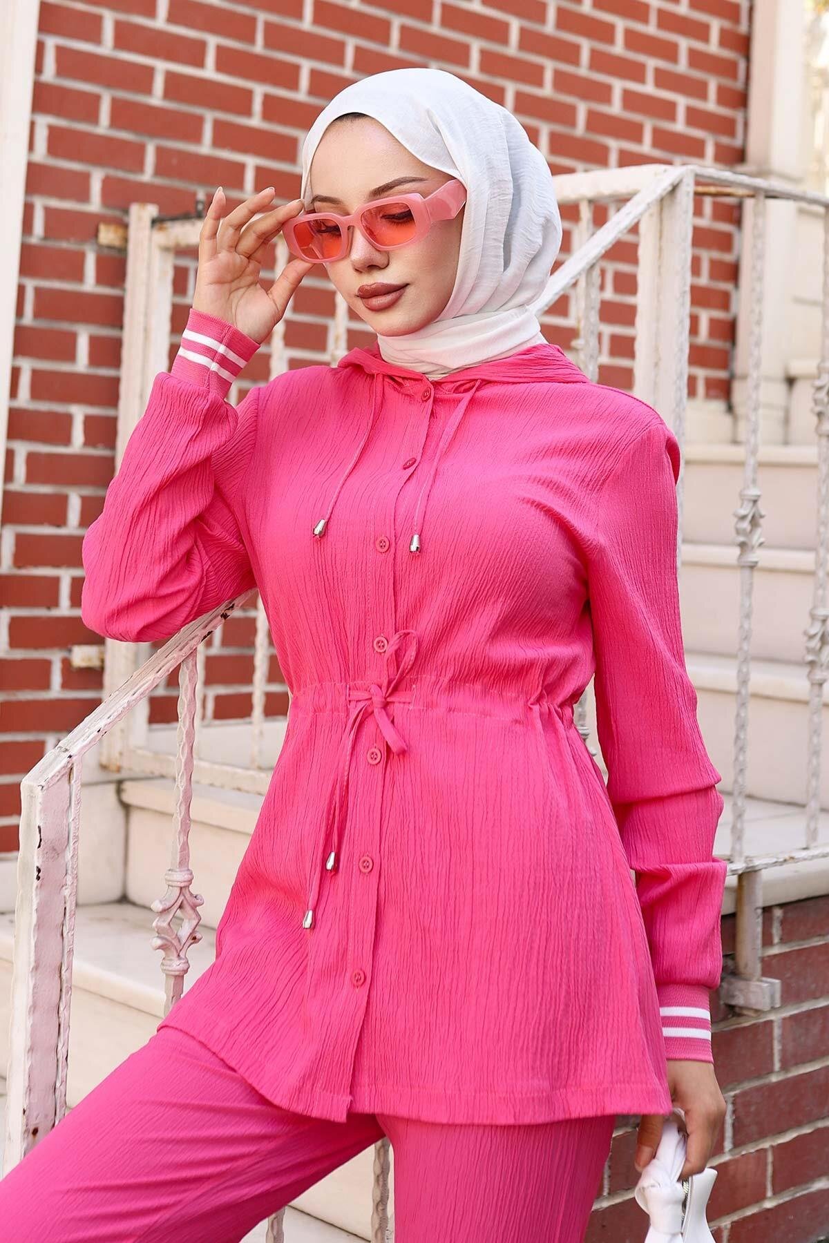 Two-Piece Modest Ribbed Detail Set - Fuchsia - Misskayle