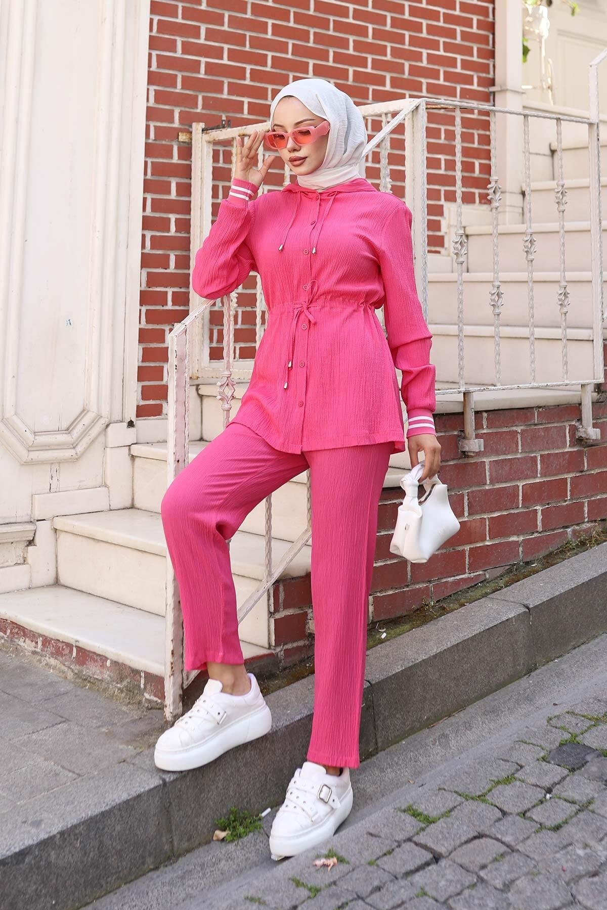 Two-Piece Modest Ribbed Detail Set - Fuchsia - Misskayle