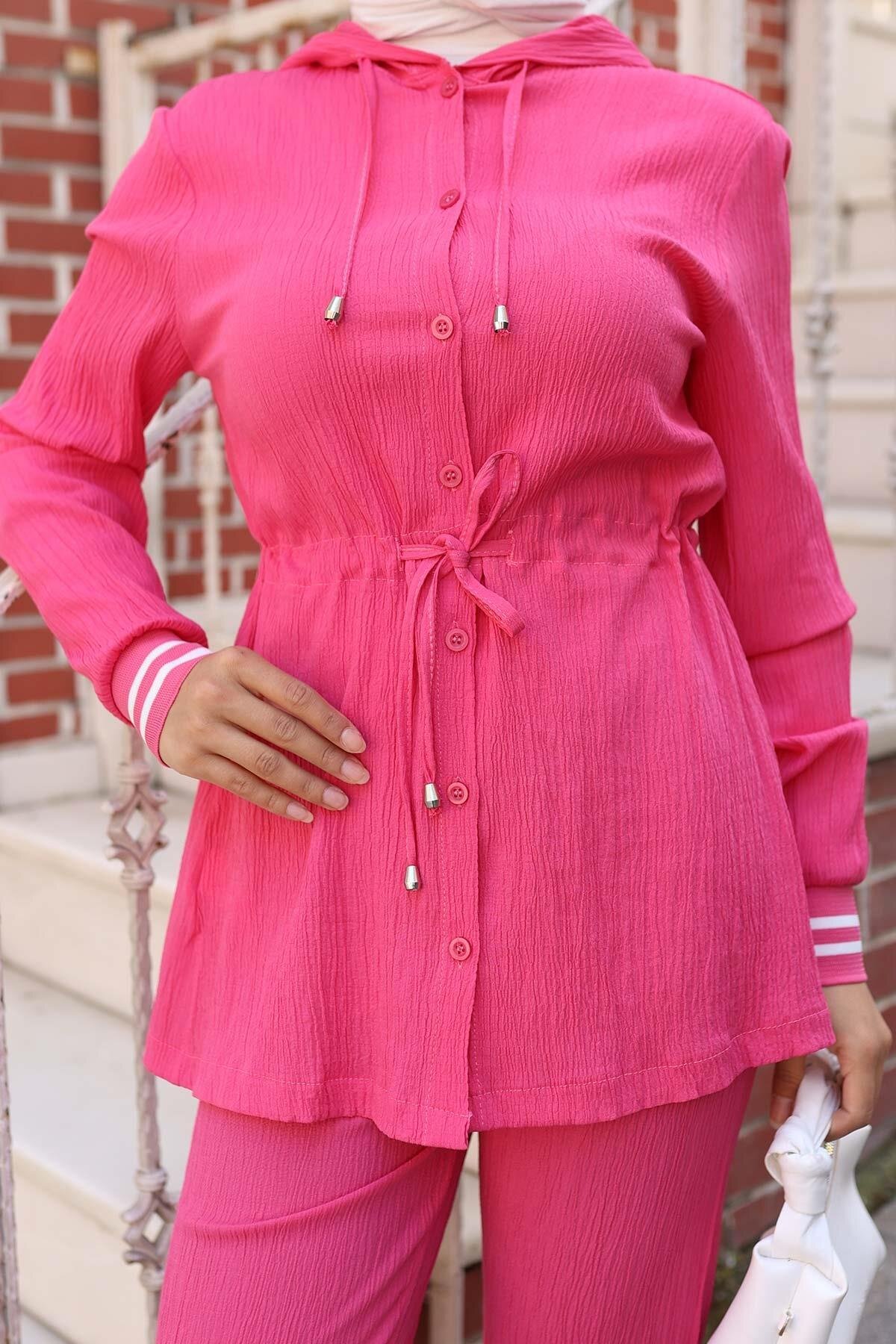 Two-Piece Modest Ribbed Detail Set - Fuchsia - Misskayle