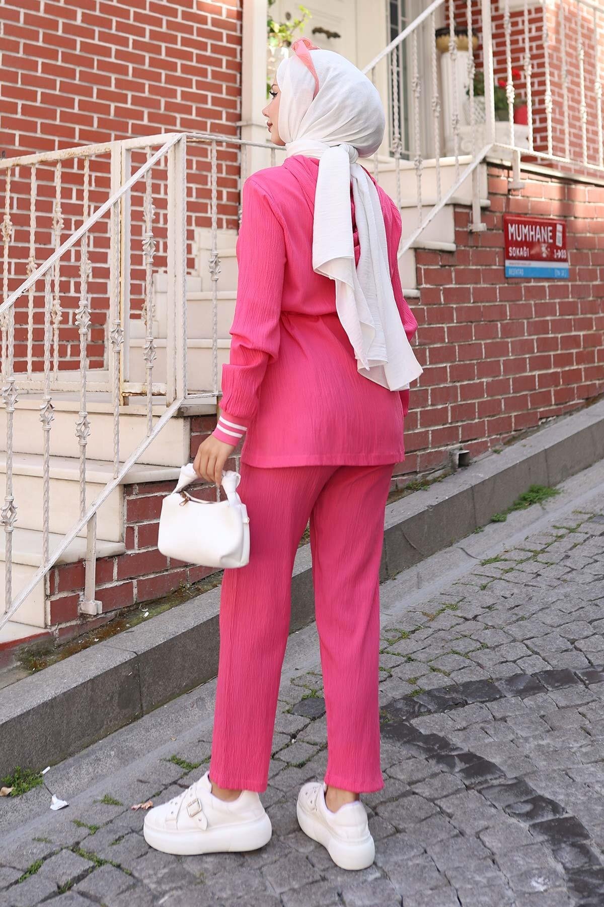 Two-Piece Modest Ribbed Detail Set - Fuchsia - Misskayle