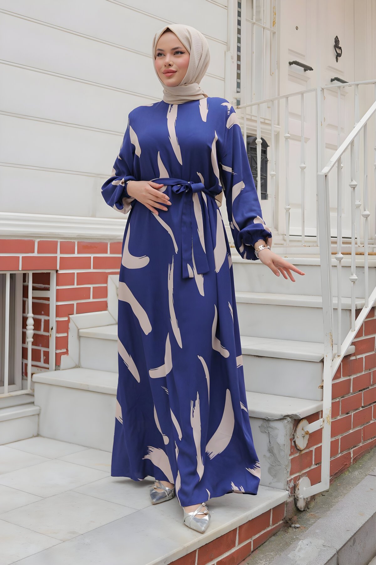 İndigo Büyük Fırça Desenli Viskon Elbise